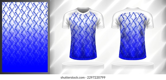 Vector sport pattern design template for V-neck T-shirt front and back with short sleeve view mockup. Dark and light shades of blue with white color gradient abstract texture background illustration.