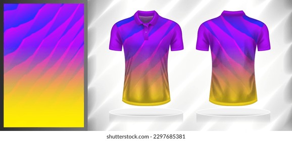 Vector sport pattern design template for Polo T-shirt front and back with short sleeve view mockup. Shades of blue-purple-pink-yellow color gradient abstract marble texture background illustration.