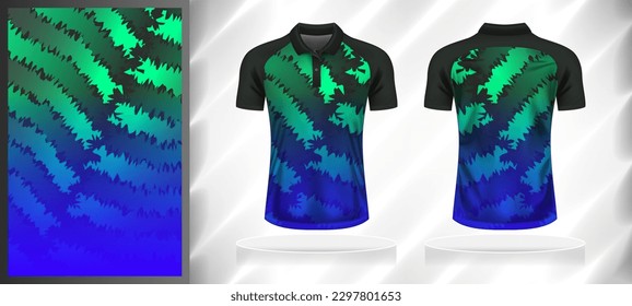 Vector sport pattern design template for Polo T-shirt front and back with short sleeve view mockup. Dark and light shades of grey-green-blue color gradient abstract texture background.