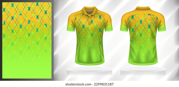 Vector sport pattern design template for Polo T-shirt front and back with short sleeve view mockup. Yellow-green-blue color gradient abstract geometric line texture background illustration.
