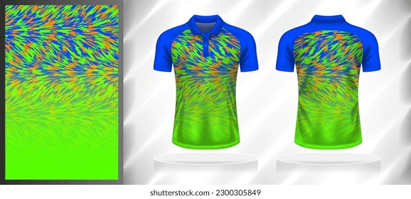 Vector sport pattern design template for Polo T-shirt front and back with short sleeve view mockup. Blue-green-orange color gradient abstract grunge texture background illustration.