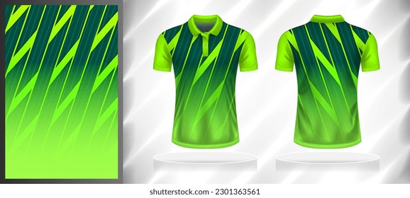 Vector sport pattern design template for Polo T-shirt front and back with short sleeve view mockup. Dark and light shades of green color gradient abstract geometric oblique line texture background.