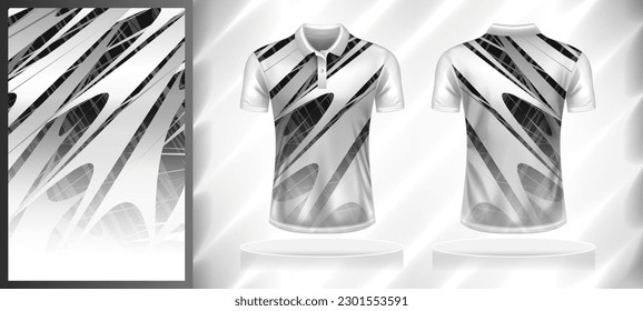 Vector sport pattern design template for Polo T-shirt front and back with short sleeve view mockup. Shades of black-grey-white color gradient abstract texture background illustration.