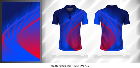 Vector sport pattern design template for Polo T-shirt front and back with short sleeve view mockup. Dark and light shades of blue-pink color gradient abstract curve line texture background.