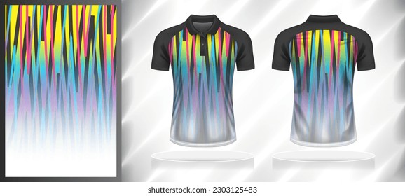 Vector sport pattern design template for Polo T-shirt front and back with short sleeve view mockup. Shades of grey-blue-yellow-pink-white color gradient abstract geometric line texture background.