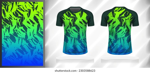Vector sport pattern design template for V-neck T-shirt front and back with short sleeve view mockup. Dark and light shades of blue-green color gradient abstract grunge texture background.