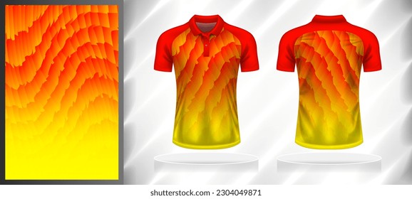 Vector sport pattern design template for Polo T-shirt front and back view mockup. Dark and light shades of yellow-orange-red color gradient abstract grunge texture background illustration.