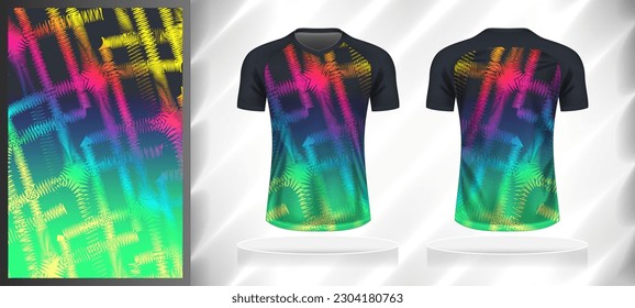 Vector sport pattern design template for V-neck T-shirt front and back with short sleeve view mockup. Dark and light shades of blue with green-pink-yellow color gradient abstract texture background.