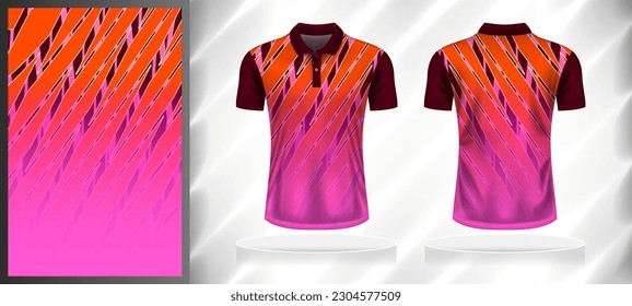 Vector sport pattern design template for Polo T-shirt front and back with short sleeve view mockup. Dark and light shades of orange-pink color gradient abstract line texture background illustration.