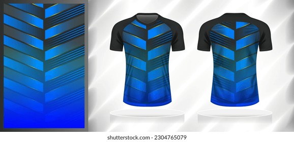 Vector sport pattern design template for V-neck T-shirt front and back with short sleeve view mockup. Dark and light shades of blue-grey color gradient abstract line texture background illustration.