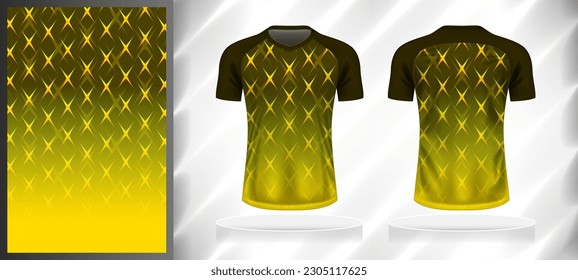 Vector sport pattern design template for V-neck T-shirt front and back with short sleeve view mockup. Dark and light shades of brown-yellow color gradient abstract geometric texture background.