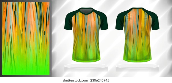 Vector sport pattern design template for V-neck T-shirt front and back with short sleeve view mockup. Dark and light shades of green with orange-yellow-blue color gradient abstract texture background.