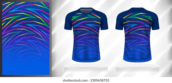 Vector sport pattern design template for V-neck T-shirt front and back with short sleeve view mockup. Blue-pink-yellow-green color abstract serrated line texture background illustration.