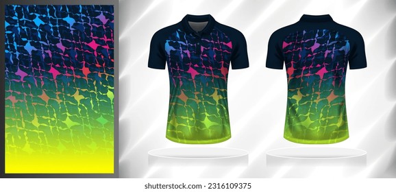 Vector sport pattern design template for Polo T-shirt front and back view mockup. Dark and light shades of blue-green-pink-yellow color abstract grunge texture background illustration.