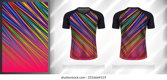 Vector sport pattern design template for V-neck T-shirt front and back with short sleeve view mockup. Shades of colorful gradient abstract zigzag line texture background illustration.