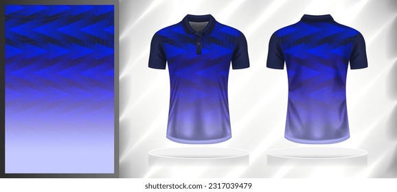 Vector sport pattern design template for Polo T-shirt front and back with short sleeve view mockup. Dark and light shades of blue color gradient abstract geometric texture background.