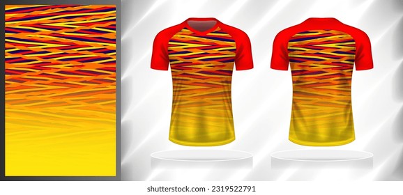 Vector sport pattern design template for V-neck T-shirt front and back with short sleeve view mockup. Red-yellow-orange-blue color abstract line texture background illustration.