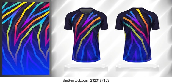 Vector sport pattern design template for V-neck T-shirt front and back with short sleeve view mockup. Shades of blue-pink-yellow-green-purple color gradient abstract line texture background.