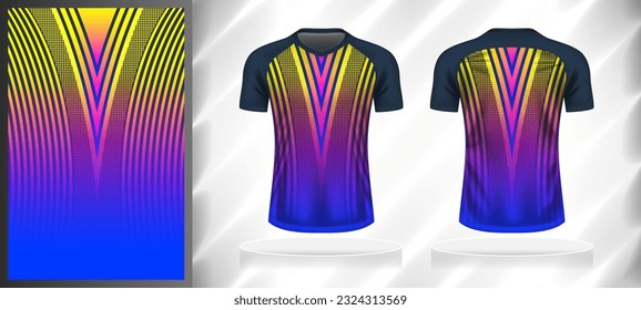 Vector sport pattern design template for V-neck T-shirt front and back with short sleeve view mockup. Dark and light shades of blue with yellow-pink color gradient abstract line texture background.