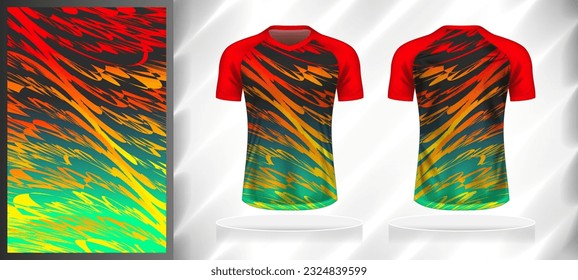 Vector sport pattern design template for V-neck T-shirt front and back with short sleeve view mockup. Shades of red-orange-yellow-green-blue-grey color gradient abstract grunge texture background.