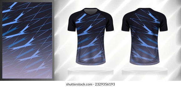 Vector sport pattern design template for V-neck T-shirt front and back with short sleeve view mockup. Dark and light shades of blue color gradient abstract line texture background illustration.