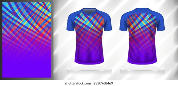 Vector sport pattern design template for V-neck T-shirt front and back with short sleeve view mockup. Blue-purple-pink-yellow color abstract curve line texture background illustration.