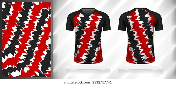 Vector sport pattern design template for V-neck T-shirt front and back with short sleeve view mockup. Black-white-red color abstract line texture background illustration.