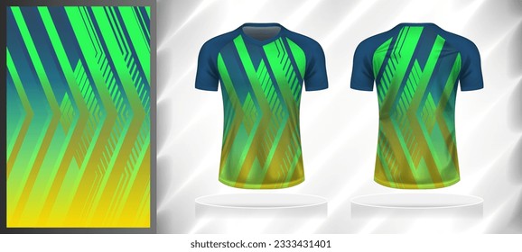 Vector sport pattern design template for V-neck T-shirt front and back with short sleeve view mockup. Shades of blue-green-yellow color gradient abstract geometric texture background illustration.