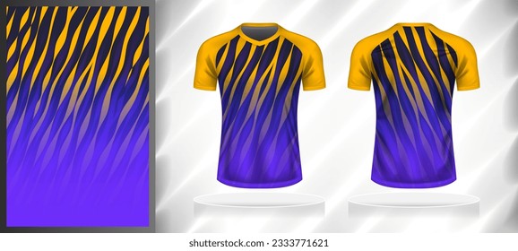 Vector sport pattern design template for V-neck T-shirt front and back with short sleeve view mockup. Shades of yellow-purple color gradient abstract curve line texture background illustration.