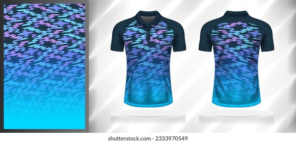 Vector sport pattern design template for Polo T-shirt front and back with short sleeve view mockup. Shades of blue-purple-pink color gradient abstract grunge texture background illustration.