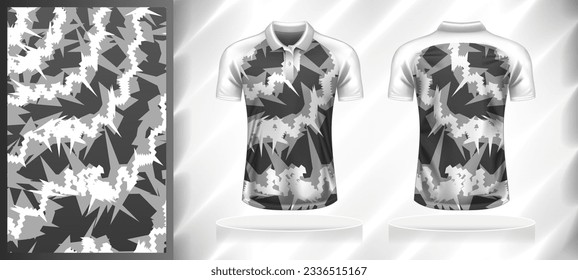 Vector sport pattern design template for Polo T-shirt front and back with short sleeve view mockup. Shades of grey-white color gradient abstract grunge texture background illustration.
