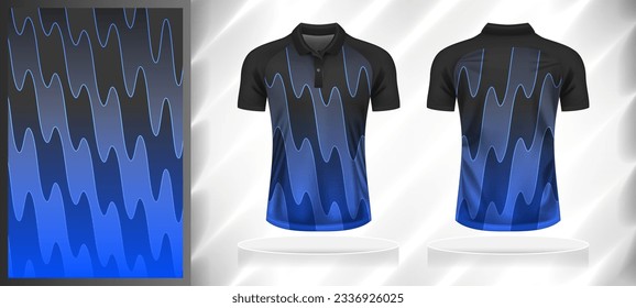 Vector sport pattern design template for Polo T-shirt front and back view mockup. Dark and light shades of grey-blue color abstract wave line texture background illustration.