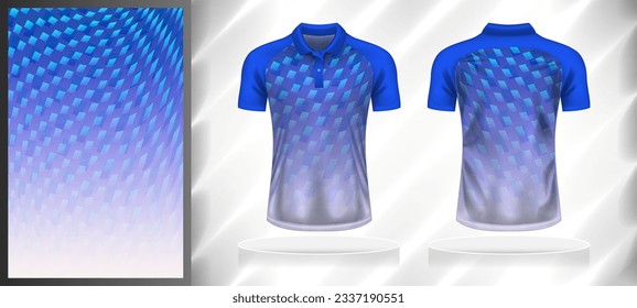 Vector sport pattern design template for Polo T-shirt front and back with short sleeve view mockup. Shades of blue-white color gradient abstract geometric texture background illustration.