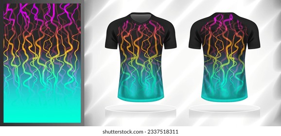 Vector sport pattern design template for V-neck T-shirt front and back with short sleeve view mockup. Shades of grey-blue-pink-yellow color gradient abstract wavy line texture background illustration.