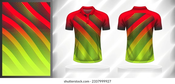 Vector sport pattern design template for Polo T-shirt front and back with short sleeve view mockup. Shades of red-grey-yellow color gradient abstract line texture background illustration.