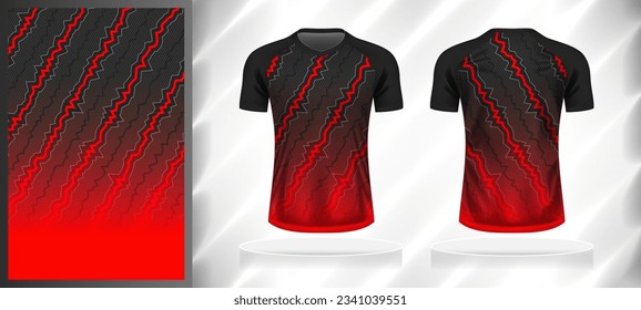Vector sport pattern design template for V-neck T-shirt front and back with short sleeve view mockup. Shades of black-grey-red color gradient abstract serrated line texture background illustration.