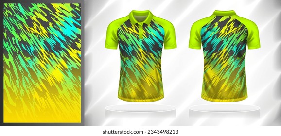 Vector sport pattern design template for Polo T-shirt front and back with short sleeve view mockup. Shades of green-blue-yellow-grey color gradient abstract grunge texture background illustration.