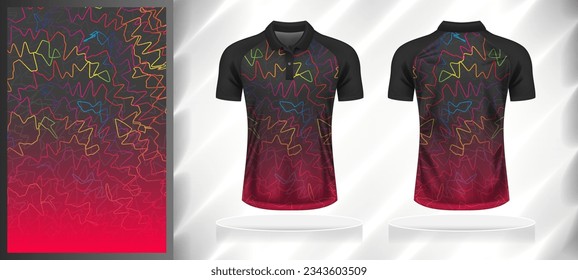 Vector sport pattern design template for Polo T-shirt front and back with short sleeve view mockup. Shades of grey-pink-blue-green-yellow color gradient abstract line texture background illustration.