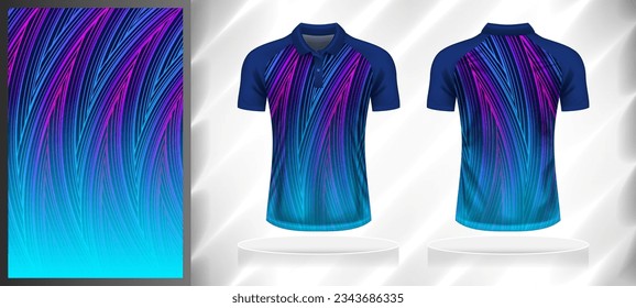 Vector sport pattern design template for Polo T-shirt front and back with short sleeve view mockup. Dark and light shades of blue with pink color gradient abstract line texture background.