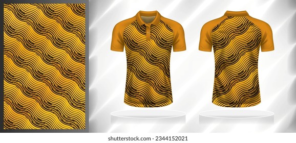 Modelo de diseño de patrones deportivos vectoriales para polo T-shirt frontal y posterior con la maqueta de visión de manga corta. Ilustración de fondo de la línea de onda abstracta de gradiente de color amarillo-anaranjado-negro.