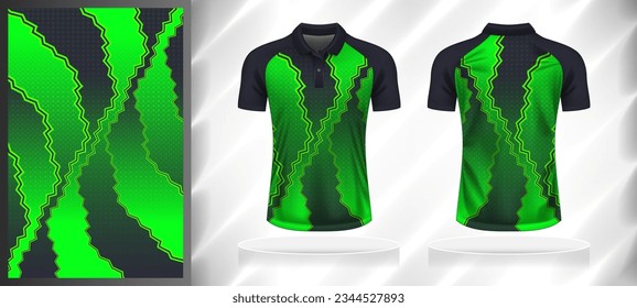 Vector sport pattern design template for Polo T-shirt front and back with short sleeve view mockup. Dark and light shades of green with black color gradient abstract geometric texture background.