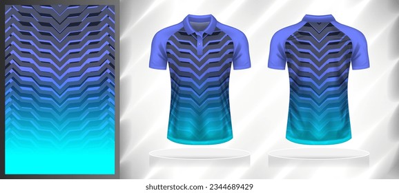 Vector sport pattern design template for Polo T-shirt front and back with short sleeve view mockup. Dark and light shades of blue-purple-grey color gradient abstract geometric texture background.