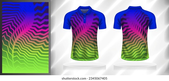 Vector sport pattern design template for Polo T-shirt front and back with short sleeve view mockup. Shades of blue-pink-green color gradient abstract geometric texture background illustration.