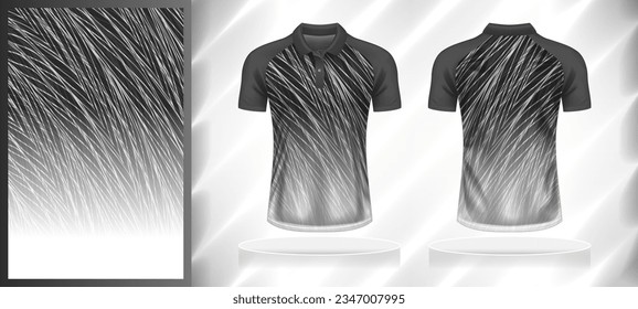 Vector sport pattern design template for Polo T-shirt front and back view mockup. Dark and light shades of grey with white color abstract line texture background illustration.