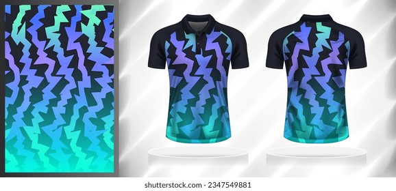 Vector sport pattern design template for Polo T-shirt front and back with short sleeve view mockup. Dark and light shades of blue-purple-green color gradient abstract serrated line texture background.
