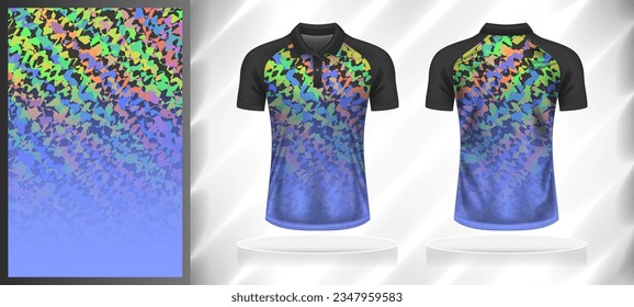 Vector sport pattern design template for Polo T-shirt front and back with short sleeve view mockup. Shades of grey-purple-blue-green-orange-yellow color gradient abstract grunge texture background.