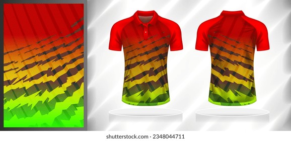 Vector sport pattern design template for Polo T-shirt front and back with short sleeve view mockup. Shades of red-orange-yellow-green-grey color gradient abstract line texture background illustration.