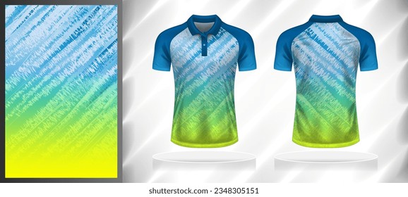 Vector sport pattern design template for Polo T-shirt front and back with short sleeve view mockup. Shades of blue-white-green-yellow color gradient abstract grunge texture background illustration.