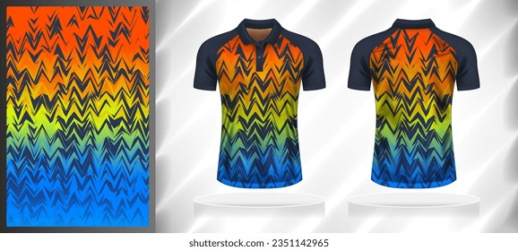 Vector sport pattern design template for Polo T-shirt front and back with short sleeve view mockup. Dark and light shades of blue with orange-yellow-green color gradient abstract texture background.