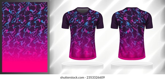 Vector sport pattern design template for V-neck T-shirt front and back with short sleeve view mockup. Shades of purple-pink-blue color gradient abstract marble texture background illustration.